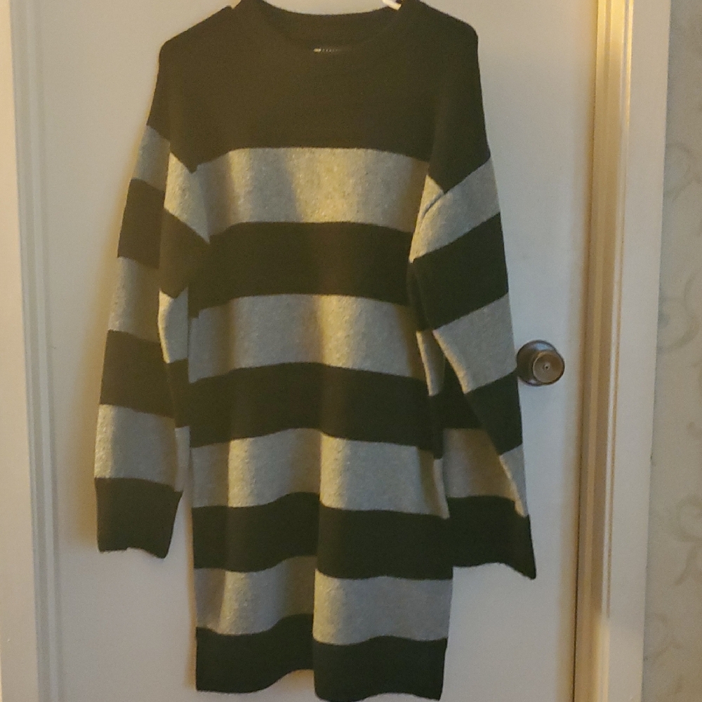Elegant Black and Gray Striped Women's Sweater Dress